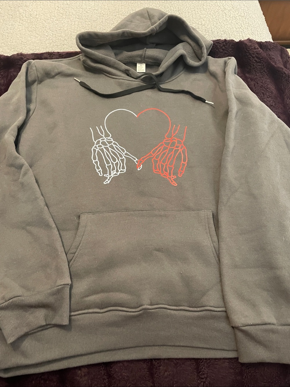 Gray Hooded Pullover with Skeleton Hands Heart Graphic